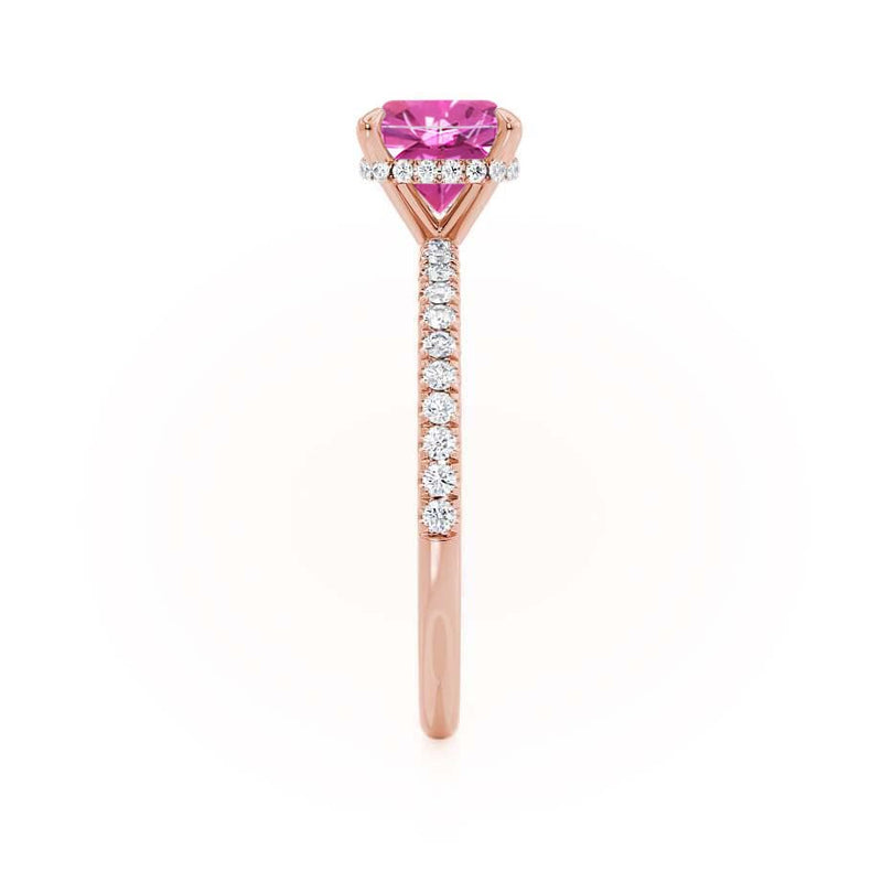 LIVELY - Chatham® Cushion Pink Sapphire 18k Rose Gold Petite Hidden Halo Pavé Shoulder Set Ring