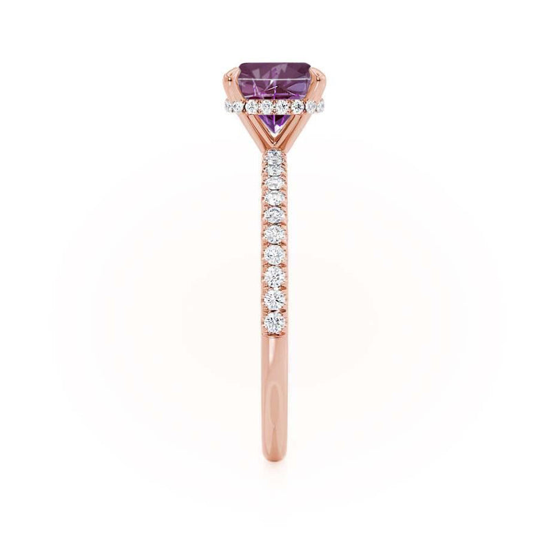 LIVELY - Chatham® Cushion Alexandrite 18k Rose Gold Petite Hidden Halo Pavé Shoulder Set Ring