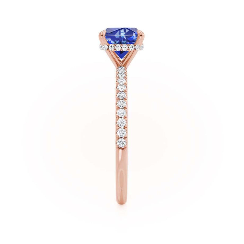 LIVELY - Chatham® Cushion Blue Sapphire 18k Rose Gold Petite Hidden Halo Pavé Shoulder Set Ring