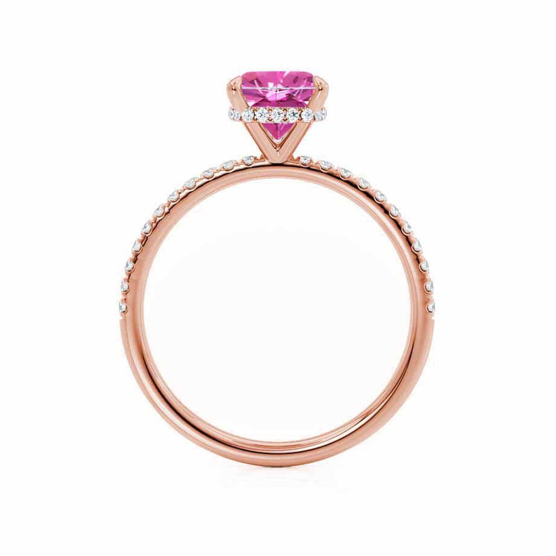 LIVELY - Chatham® Cushion Pink Sapphire 18k Rose Gold Petite Hidden Halo Pavé Shoulder Set Ring