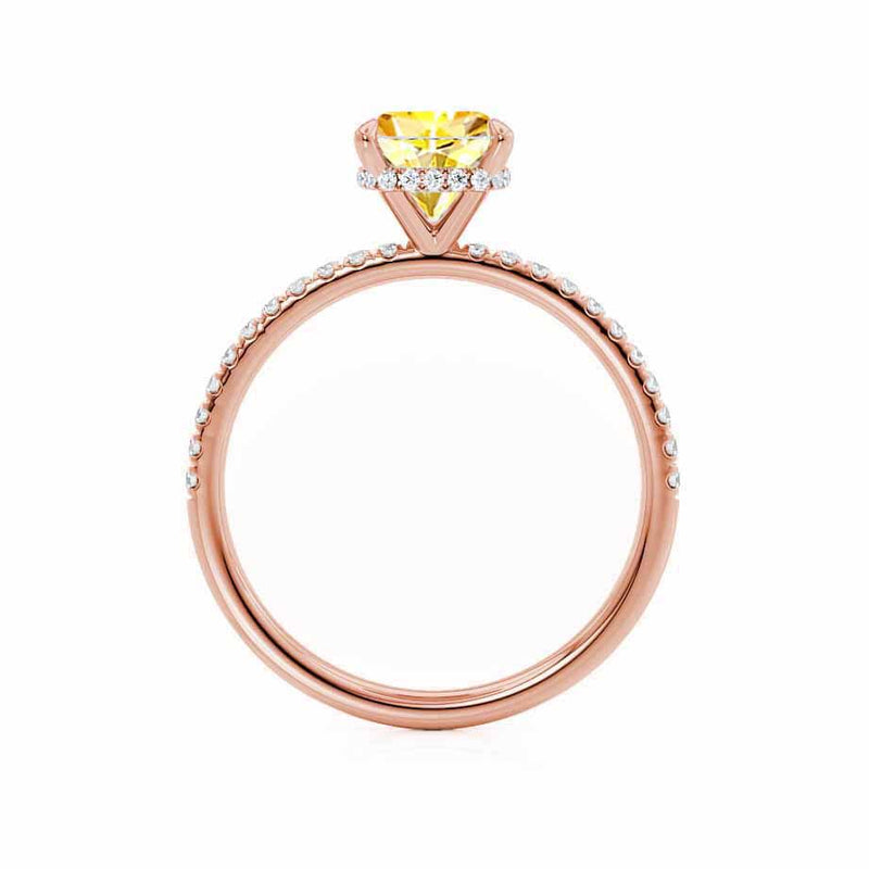 LIVELY - Chatham® Cushion Yellow Sapphire 18k Rose Gold Petite Hidden Halo Pavé Shoulder Set Ring