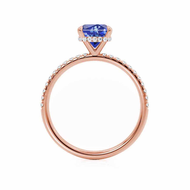 LIVELY - Chatham® Cushion Blue Sapphire 18k Rose Gold Petite Hidden Halo Pavé Shoulder Set Ring