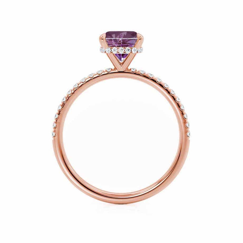 LIVELY - Chatham® Cushion Alexandrite 18k Rose Gold Petite Hidden Halo Pavé Shoulder Set Ring
