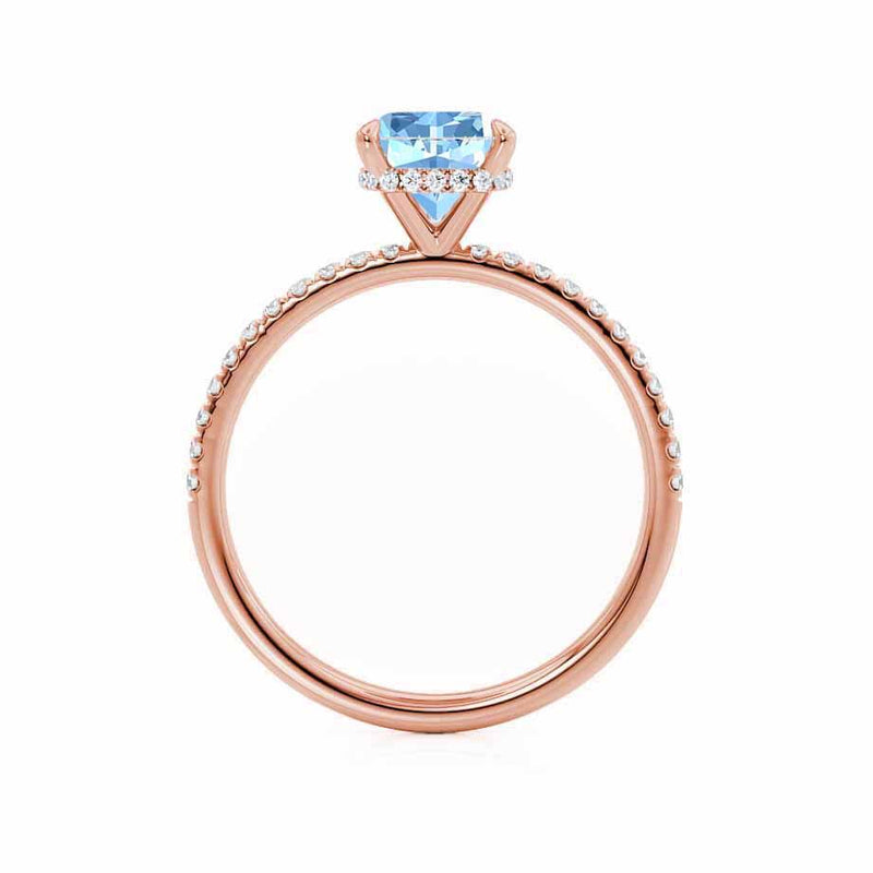 LIVELY - Chatham® Cushion Aqua Spinel 18k Rose Gold Petite Hidden Halo Pavé Shoulder Set Ring