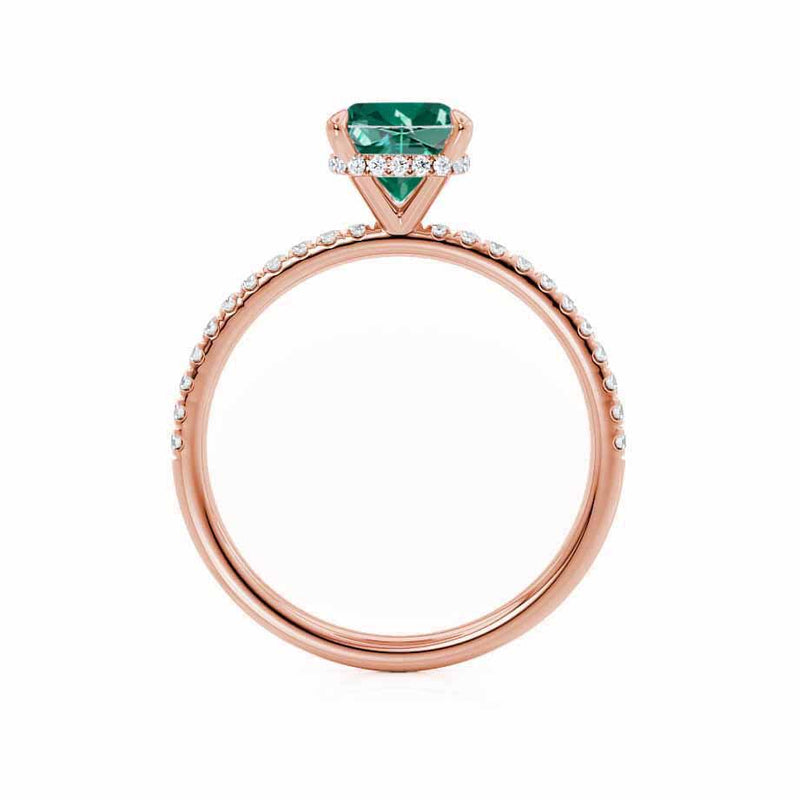 LIVELY - Chatham® Cushion Emerald 18k Rose Gold Petite Hidden Halo Pavé Shoulder Set Ring