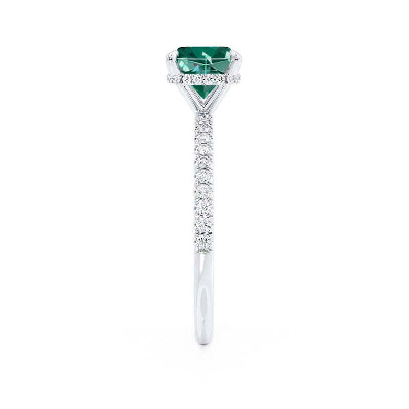 LIVELY - Chatham® Cushion Emerald 18k White Gold Petite Hidden Halo Pavé Shoulder Set Ring