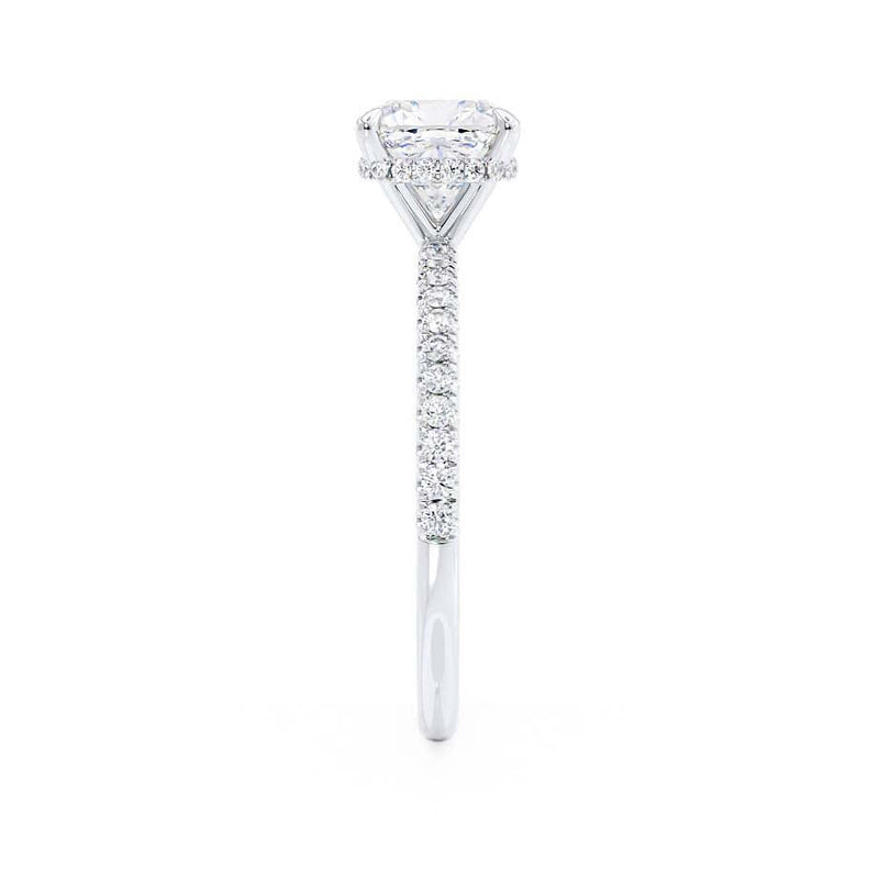 LIVELY - Cushion Natural Diamond 18k White Gold Petite Hidden Halo Pavé Shoulder Set Engagement Ring Lily Arkwright