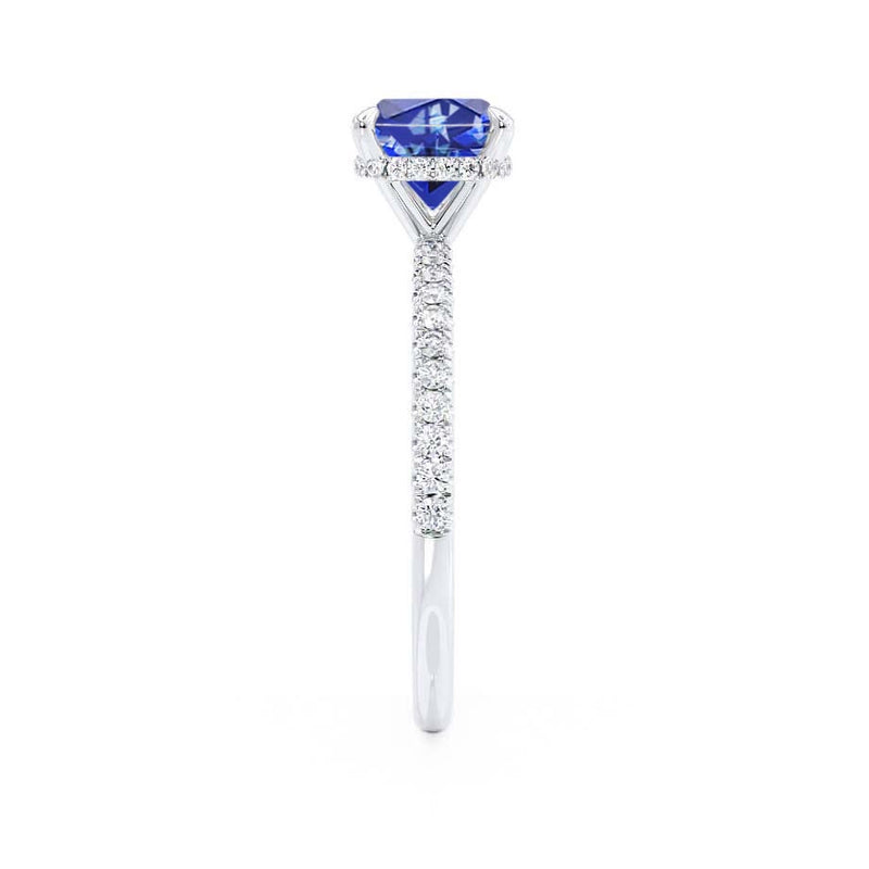 LIVELY - Chatham® Cushion Blue Sapphire 950 Platinum Petite Hidden Halo Pavé Shoulder Set Ring