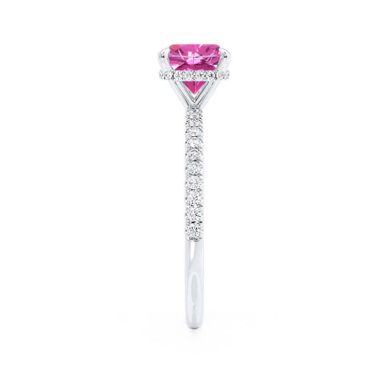 LIVELY - Chatham® Cushion Pink Sapphire 950 Platinum Petite Hidden Halo Pavé Shoulder Set Ring