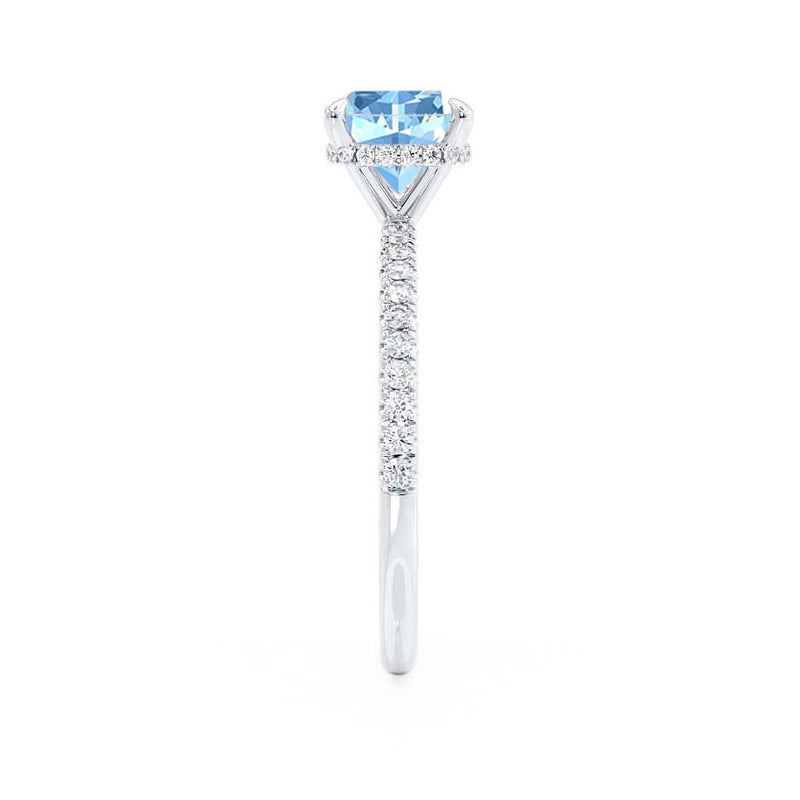 LIVELY - Chatham® Cushion Aqua Spinel 950 Platinum Petite Hidden Halo Pavé Shoulder Set Ring