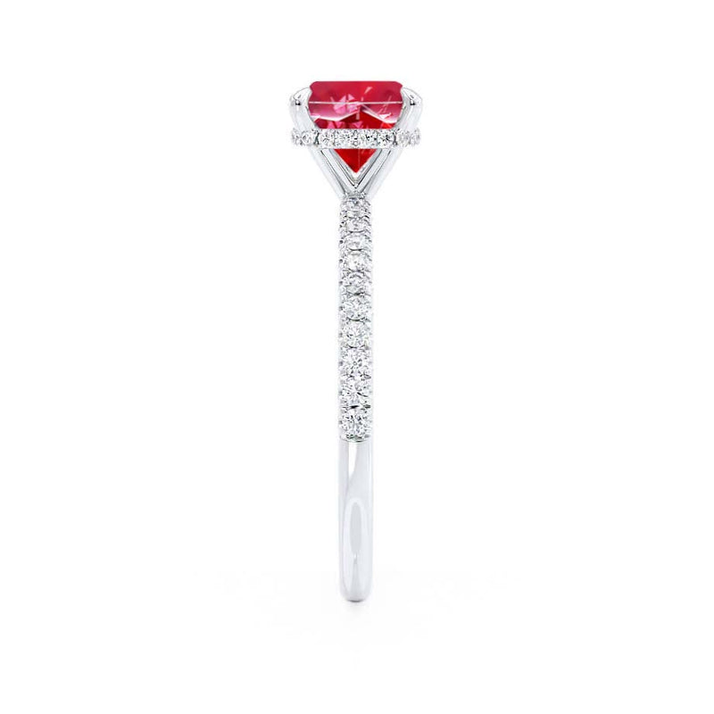 LIVELY - Chatham® Cushion Ruby 18k White Gold Petite Hidden Halo Pavé Shoulder Set Ring