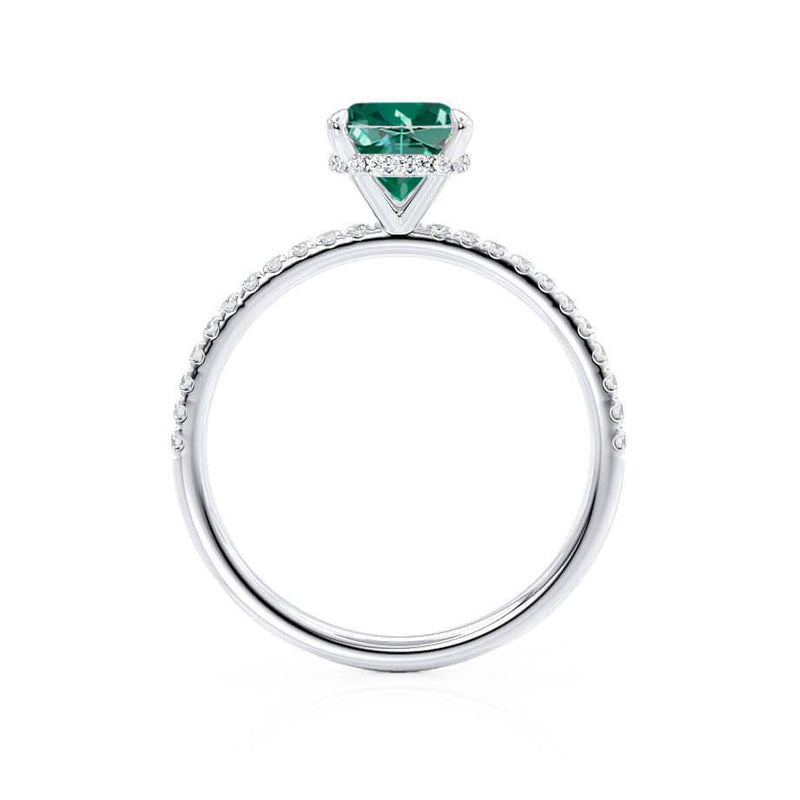 LIVELY - Chatham® Cushion Emerald 18k White Gold Petite Hidden Halo Pavé Shoulder Set Ring