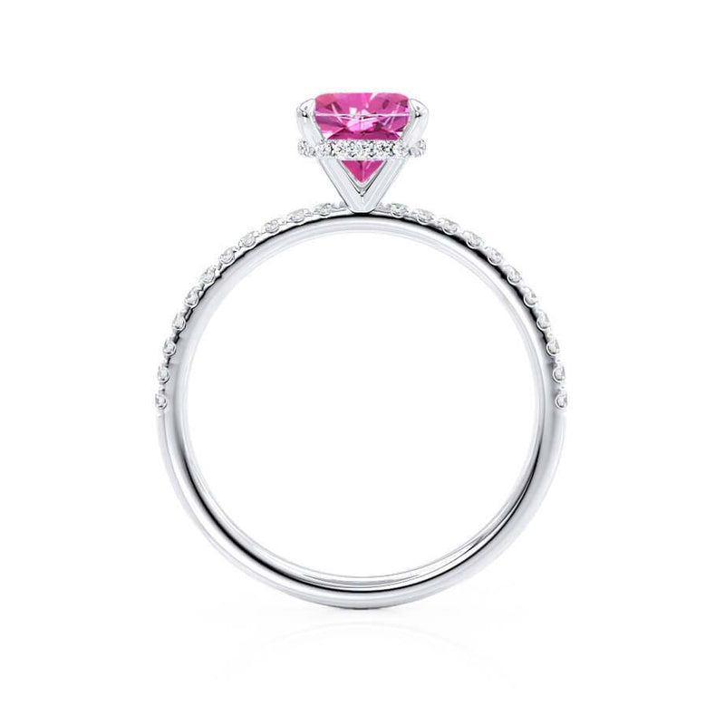 LIVELY - Chatham® Cushion Pink Sapphire 950 Platinum Petite Hidden Halo Pavé Shoulder Set Ring
