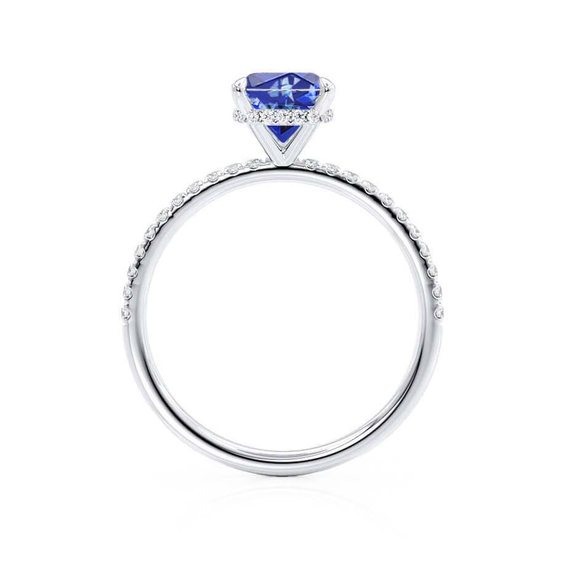 LIVELY - Chatham® Cushion Blue Sapphire 950 Platinum Petite Hidden Halo Pavé Shoulder Set Ring