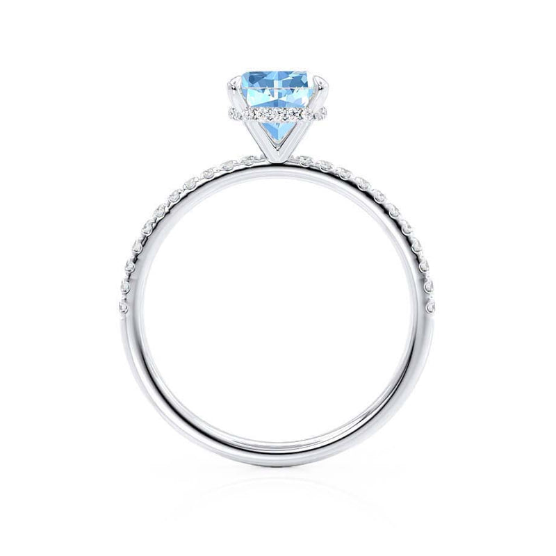 LIVELY - Chatham® Cushion Aqua Spinel 950 Platinum Petite Hidden Halo Pavé Shoulder Set Ring