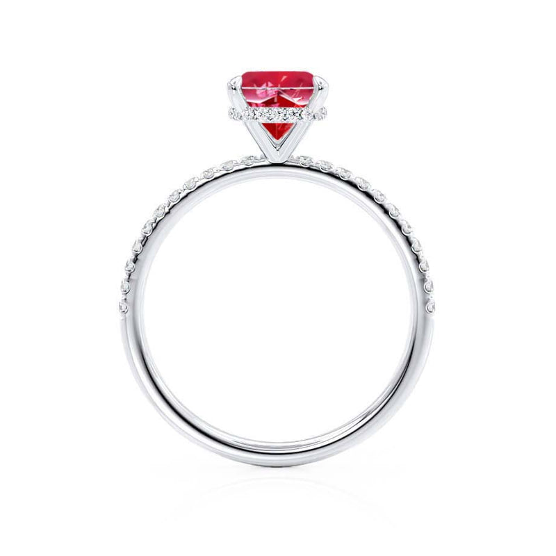 LIVELY - Chatham® Cushion Ruby 18k White Gold Petite Hidden Halo Pavé Shoulder Set Ring