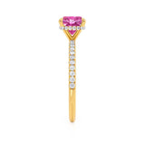 LIVELY - Chatham® Cushion Pink Sapphire 18k Yellow Gold Petite Hidden Halo Pavé Shoulder Set Ring