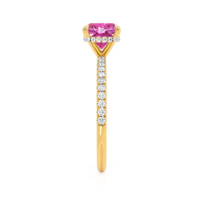 LIVELY - Chatham® Cushion Pink Sapphire 18k Yellow Gold Petite Hidden Halo Pavé Shoulder Set Ring