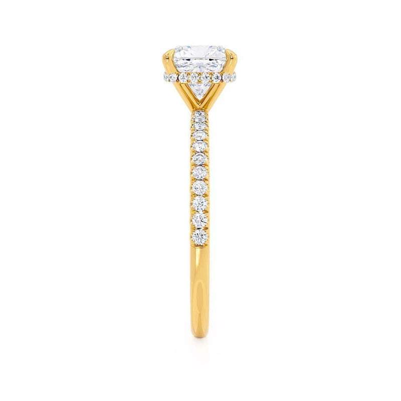 LIVELY - Cushion Natural Diamond 18k Yellow Gold Petite Hidden Halo Pavé Shoulder Set Engagement Ring Lily Arkwright