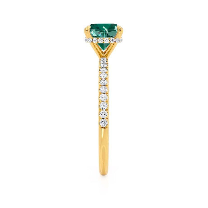 LIVELY - Chatham® Cushion Emerald 18k Yellow Gold Petite Hidden Halo Pavé Shoulder Set Ring