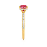 LIVELY - Chatham® Cushion Ruby 18k Yellow Gold Petite Hidden Halo Pavé Shoulder Set Ring