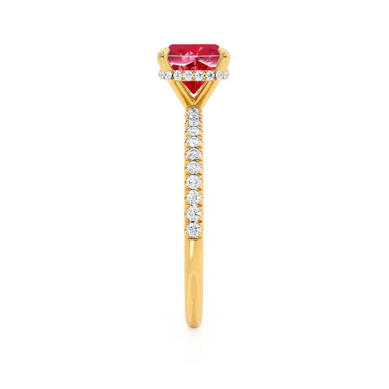LIVELY - Chatham® Cushion Ruby 18k Yellow Gold Petite Hidden Halo Pavé Shoulder Set Ring