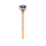 LIVELY - Chatham® Cushion Blue Sapphire 18k Yellow Gold Petite Hidden Halo Pavé Shoulder Set Ring