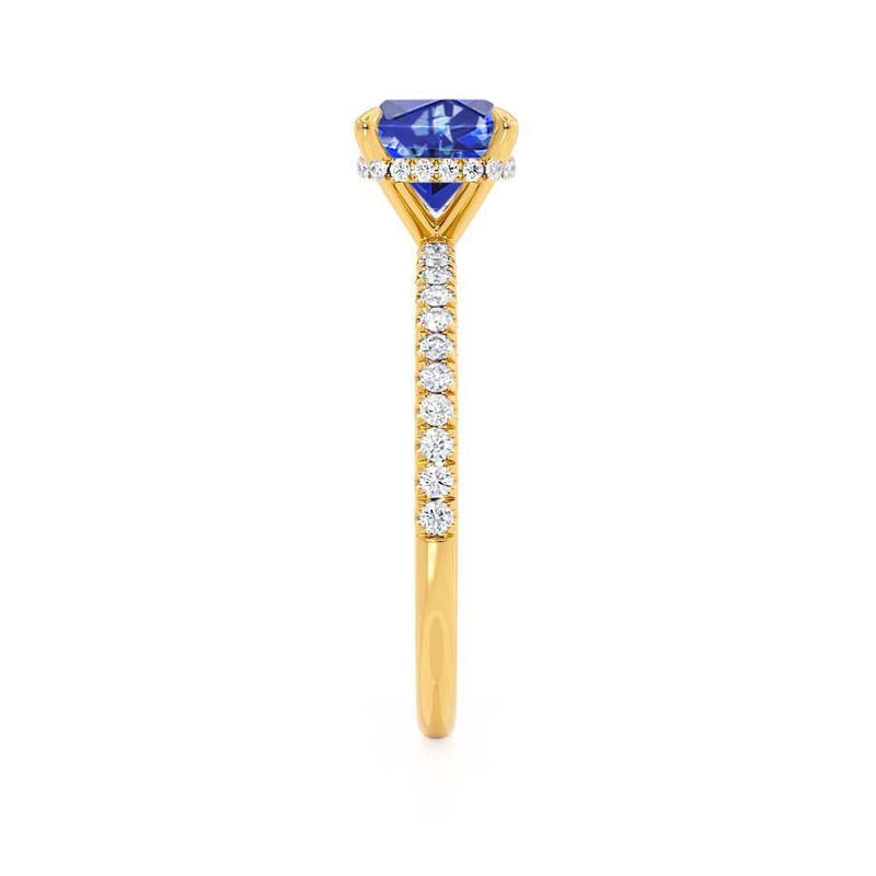 LIVELY - Chatham® Cushion Blue Sapphire 18k Yellow Gold Petite Hidden Halo Pavé Shoulder Set Ring