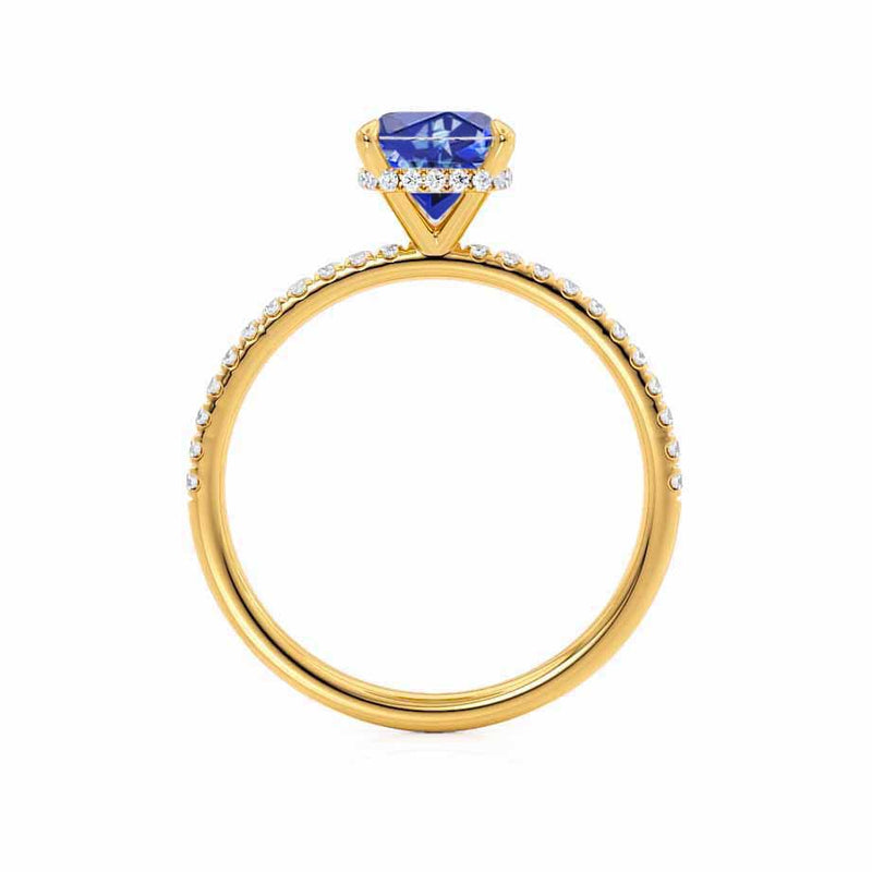 LIVELY - Chatham® Cushion Blue Sapphire 18k Yellow Gold Petite Hidden Halo Pavé Shoulder Set Ring