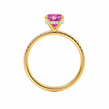 LIVELY - Chatham® Cushion Pink Sapphire 18k Yellow Gold Petite Hidden Halo Pavé Shoulder Set Ring