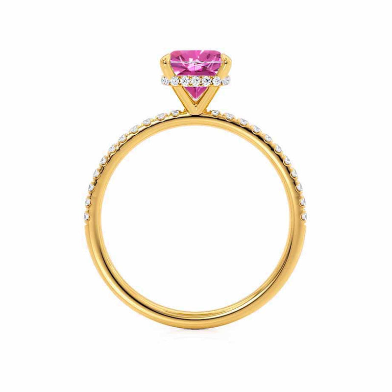 LIVELY - Chatham® Cushion Pink Sapphire 18k Yellow Gold Petite Hidden Halo Pavé Shoulder Set Ring