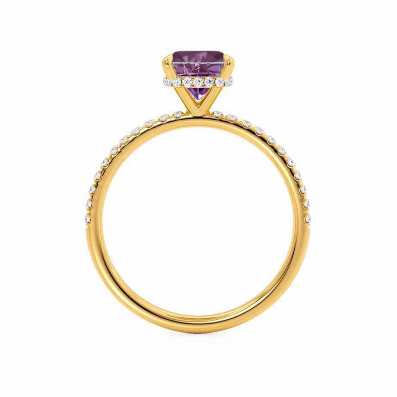 LIVELY - Chatham® Cushion Alexandrite 18k Yellow Gold Petite Hidden Halo Pavé Shoulder Set Ring