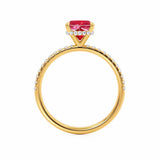 LIVELY - Chatham® Cushion Ruby 18k Yellow Gold Petite Hidden Halo Pavé Shoulder Set Ring
