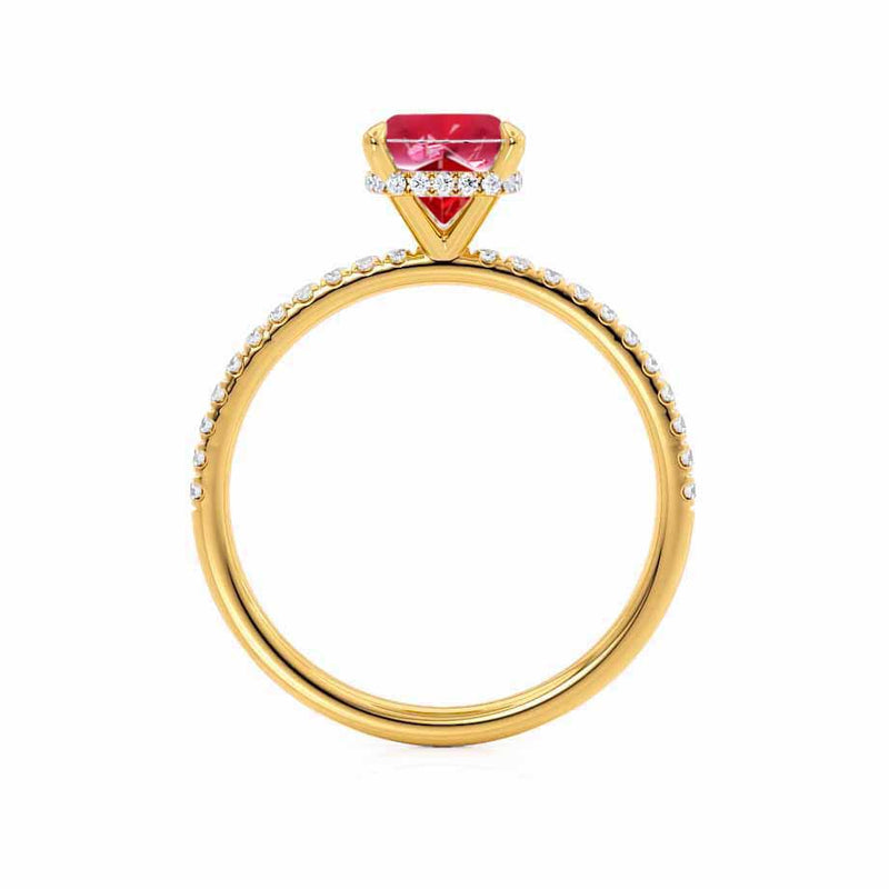 LIVELY - Chatham® Cushion Ruby 18k Yellow Gold Petite Hidden Halo Pavé Shoulder Set Ring