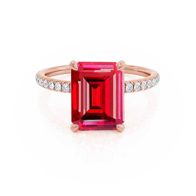 LIVELY - Chatham® Emerald Ruby & Diamond 18k Rose Gold Petite Hidden Halo Pavé Shoulder Set Ring