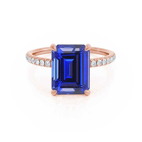 LIVELY - Chatham® Emerald Blue Sapphire & Diamond 18k Rose Gold Petite Hidden Halo Pavé Shoulder Set Ring