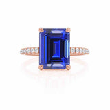 LIVELY - Chatham® Emerald Blue Sapphire & Diamond 18k Rose Gold Petite Hidden Halo Pavé Shoulder Set Ring