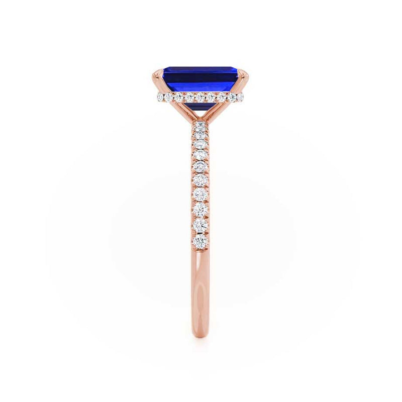 LIVELY - Chatham® Emerald Blue Sapphire & Diamond 18k Rose Gold Petite Hidden Halo Pavé Shoulder Set Ring