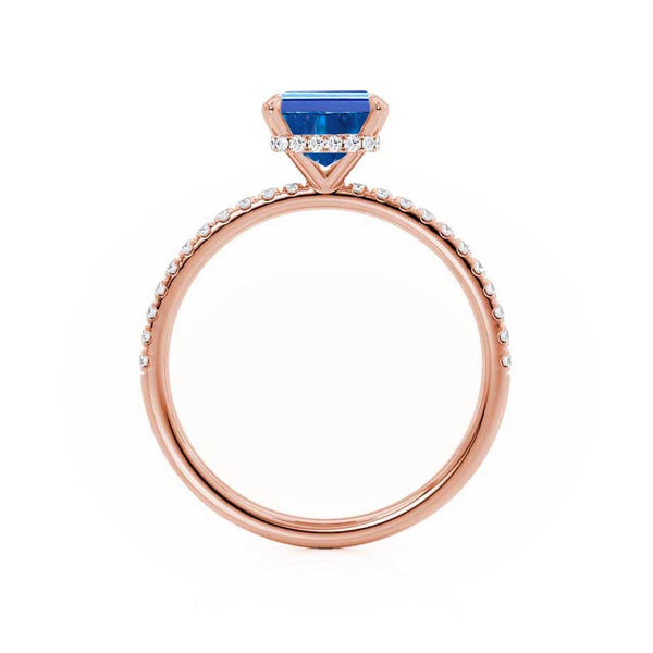 LIVELY - Chatham® Emerald Blue Sapphire & Diamond 18k Rose Gold Petite Hidden Halo Pavé Shoulder Set Ring