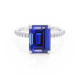 LIVELY - Chatham® Emerald Blue Sapphire & Diamond 18k White Gold Petite Hidden Halo Pavé Shoulder Set Ring