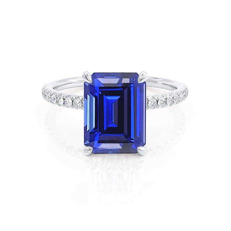 LIVELY - Chatham® Emerald Blue Sapphire & Diamond Platinum Petite Hidden Halo Pavé Shoulder Set Ring