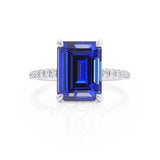 LIVELY - Chatham® Emerald Blue Sapphire & Diamond 18k White Gold Petite Hidden Halo Pavé Shoulder Set Ring