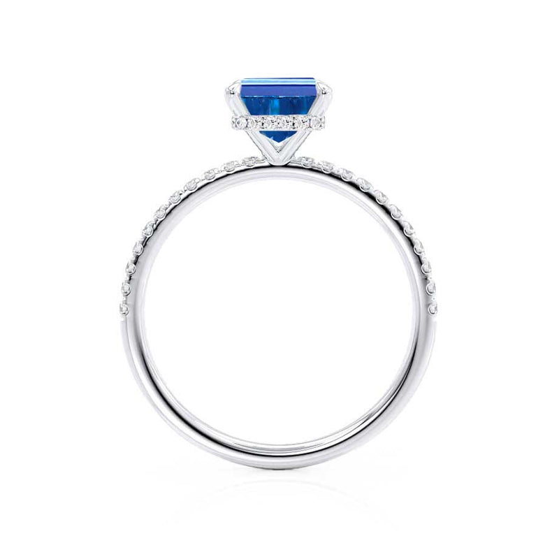 LIVELY - Chatham® Emerald Blue Sapphire & Diamond 18k White Gold Petite Hidden Halo Pavé Shoulder Set Ring