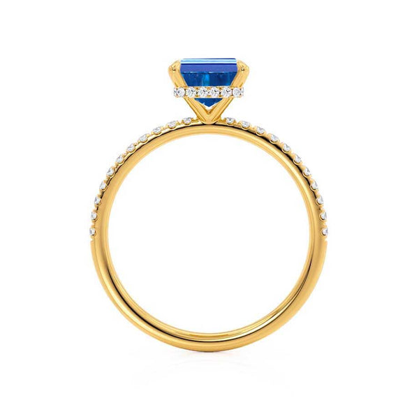 LIVELY - Chatham® Emerald Blue Sapphire & Diamond 18k Yellow Gold Petite Hidden Halo Pavé Shoulder Set Ring