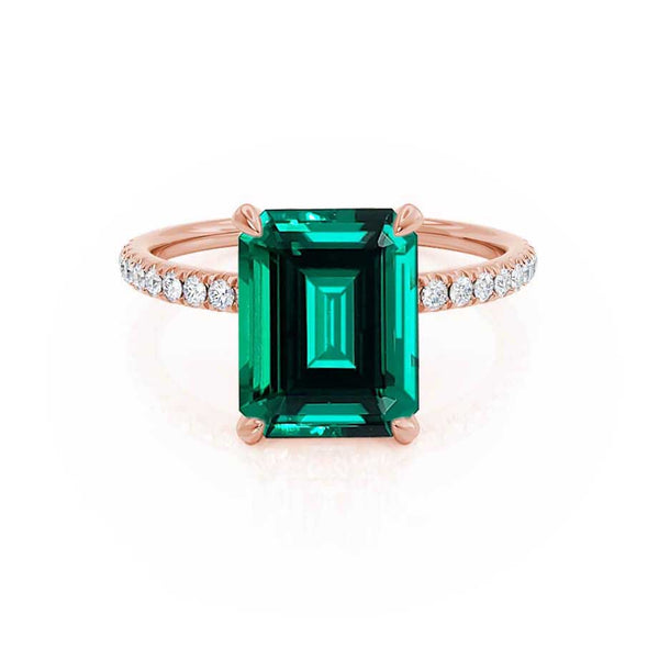 LIVELY - Chatham® Green Emerald & Diamond 18k Rose Gold Petite Hidden Halo Pavé Shoulder Set Ring