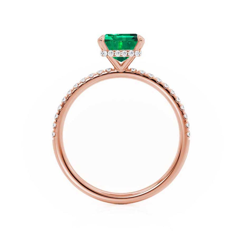 LIVELY - Chatham® Green Emerald & Diamond 18k Rose Gold Petite Hidden Halo Pavé Shoulder Set Ring