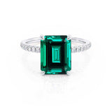 LIVELY - Chatham® Green Emerald & Diamond 18k White Gold Petite Hidden Halo Pavé Shoulder Set Ring