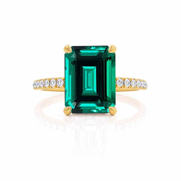 LIVELY - Chatham® Green Emerald & Diamond 18k Yellow Gold Petite Hidden Halo Pavé Shoulder Set Ring