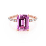 LIVELY - Chatham® Emerald Pink Sapphire & Diamond 18k Rose Gold Petite Hidden Halo Pavé Shoulder Set Ring