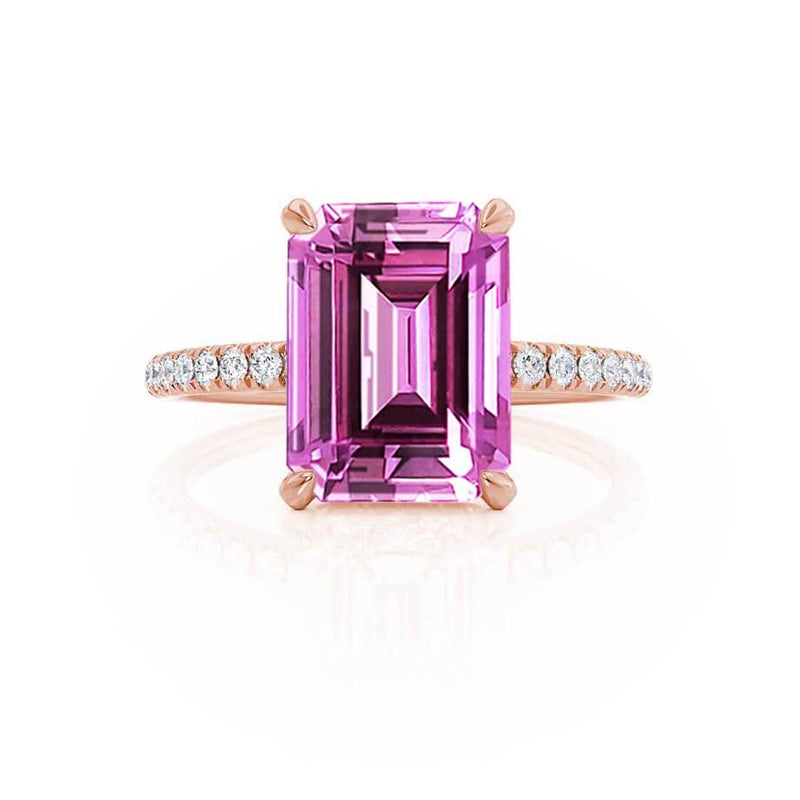 LIVELY - Chatham® Emerald Pink Sapphire & Diamond 18k Rose Gold Petite Hidden Halo Pavé Shoulder Set Ring